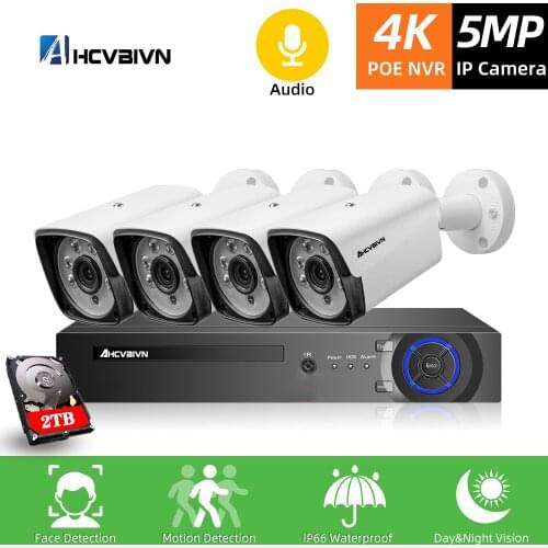 H.265 4K 4CH POE NVR Kit CCTV System Audio Alarm Face Detection 5MP AI POE IP Camera IR Outdoor Video Security Surveillance Set