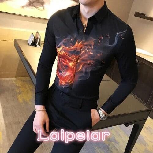 Korean Tuxedo Shirt Fashion Spring Casual Slim Fit Mens Shirts Long Sleeve Digital Print Night Club Dress Shirts Social Men