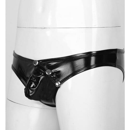 Mens Gay Underwear Wet Look Leather Bikini Briefs Sexy Bulge Pouch Sissy Panties Jockstraps Shiny Latex Lingerie Exotic Panties