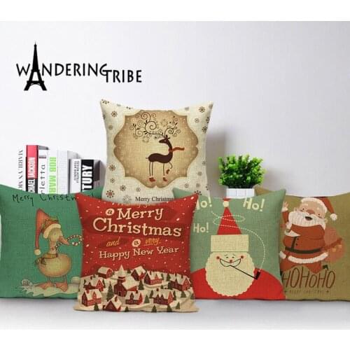 Happy Christmas Decoration Cushion Cover Cartoon Santa Claus Linen Throw Pillow Case Merry Christmas Decorative Pillows Cases