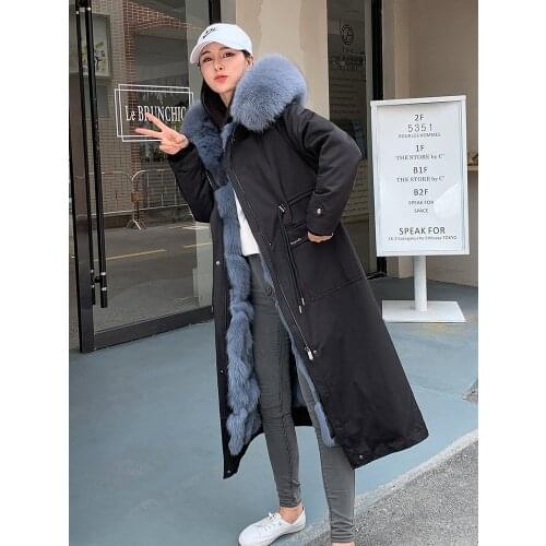 2020 New Style Ankle Long Real Fur Coat Womens Winter Fox Fur Liner Parkas Hood Over The Knee Detachable Jacket Thick Warm Fur