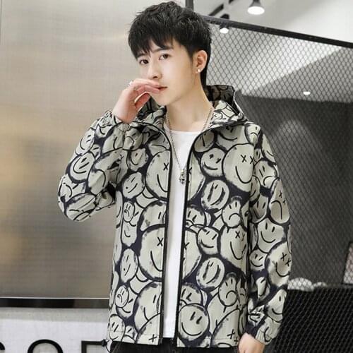 2021 Autumn And Winter New Smiling Face Printed Men Hooded Jacket Casual And Comfortable Windbreaker Male Clothing Plus Size 4XL