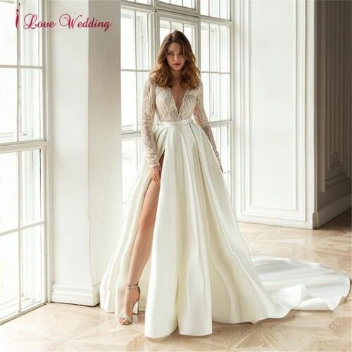 Vestido de noiva Long Sleeve Sequin Wedding Dress Satin V Neck High Split A Line Sexy Backless Bridal Gown 2021 Plus Size