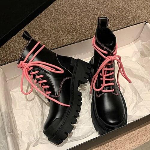 Pink Girl Series Boots Trend Ankle Boots Female High Top Fashion Leather Shoes Platform Black Boots Female Wedges