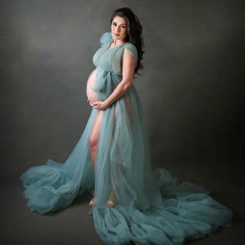 Sexy Sheer Tulle Maternity Dress Women Robes for Photoshoot or Babyshower Custom Made Long Tulle Blue Maternity Robe Photography