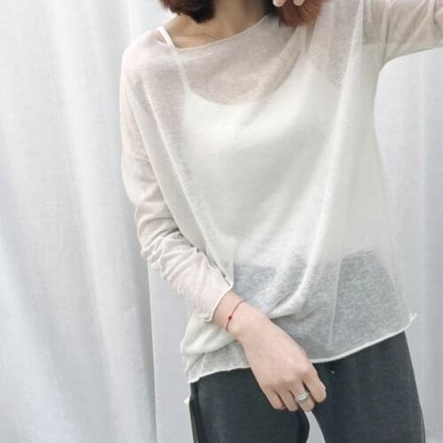 2019 Women Knitted Tees Top Thin Summer See Through Casual T Shirts O Neck Solid Loose Tops Three Quarter Sleeve