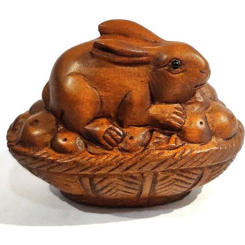 Y7503 - 2" Hand Carved Japanese Boxwood Netsuke Figurine Carving :Pretty Rabbit