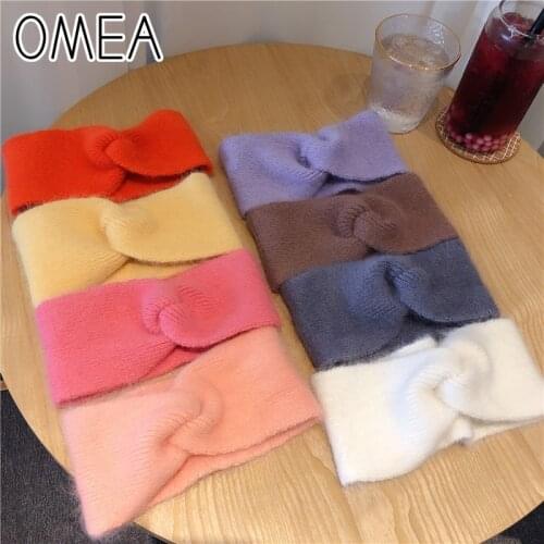 OMEA Mink Angora Rabbit Fur Knotted Wide Headbands for Women Solid Headwear Cute Bow Hair Accessories for Girls Korean Headpiece