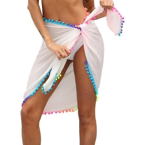 1Pcs Women Fashion Beach Sarongs Sexy Sheer Mesh Swimsuit Wrap Skirt Bikini Cover Up with Colorful Pompom Tassel For Travel