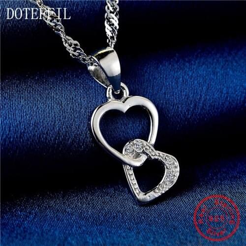 100% Sterling Silver Necklace Women Fashion Charm Double Heart Pendant Silver Necklace Luxury Jewelry