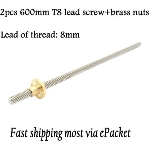 2pcs Anet Length 600mm T8 Lead Screw/Thread Rod lead 8mm Dia 8MM Pitch 2mm Copper Nuts for most Prusa I3 3D printer&CNC parts