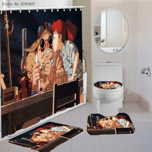 3/4 Pieces Kurenai No Buta Bathroom Curtain Set Carpet Cover Toilet Cover Bath Mat Pad Set Porco Rosso Shower Curtain Set Decor