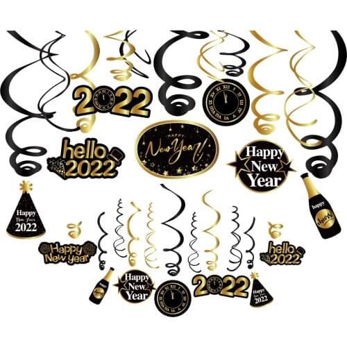 30pcs PVC Gold Luxury Hello 2022 Happy New Year Party Ceiling Hanging Swirls Happy Christmas Party Supplies Decorations Spirals