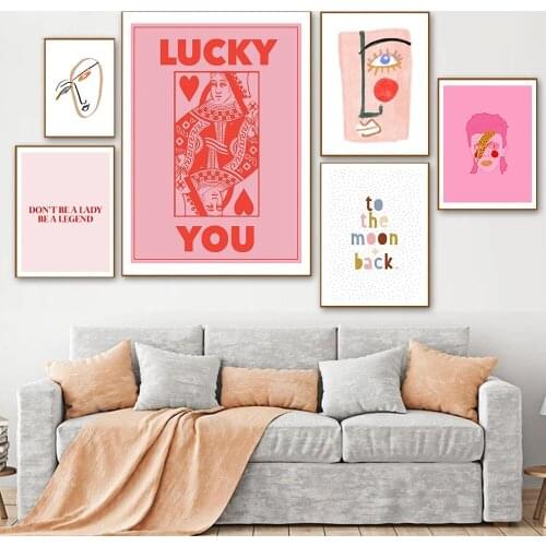 Nordic Abstract Poster Line Face Canvas Painting Wall Art Pink Style Letter Lucky You Pictures For Living Room Modern Decorative