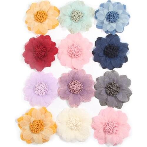 60Pcs 9cm 3.6" Chiffon Satin Fabric Flowers Bouquet For Baby Girls Hair Accessories Hair Flower for Women Headbands
