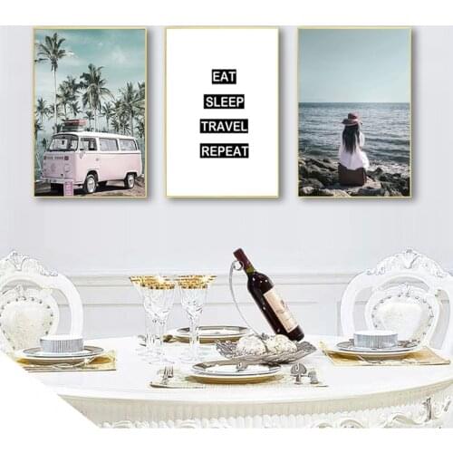 Decoration Picture Scandinavian Home Decor Ocean Landscape Canvas Nordic Style Beach Pink Bus Wall Art Print Painting