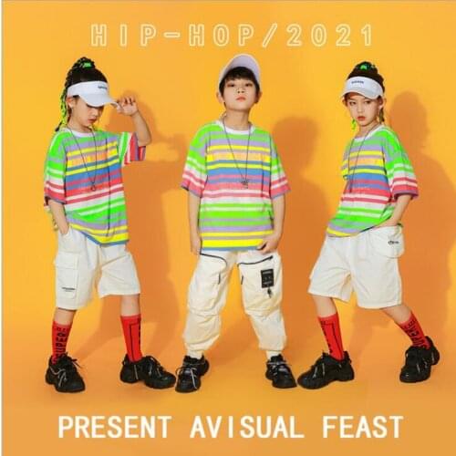 Kids Modern Hip Hop Clothing Oversize Stripe T Shirt Top Streetwear Cargo Pants for Girls Boys Jazz Dance Costume Show Clothes