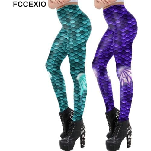 FCCEXIO Autumn New Design Women Leggings Mermaid Printing Fitness Leggins Slim Sexy Elastic Pants Fish Scales Workout Legins