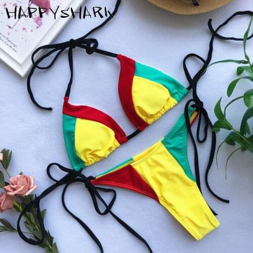 HAPPYSHARK Summer Brazilian Bikinis 2019 Patchwork Swimwear Sexy Mini Thong Trikini Yellow Green Red Swimsuit Maillot De Bain