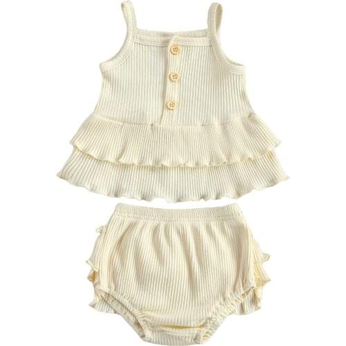 2 Pcs Newborn Baby Girls Ruffled Outfits Baby Girl Sleeveless Solid Color Boat Neck Spaghetti Strap Button Tank Top + Shorts