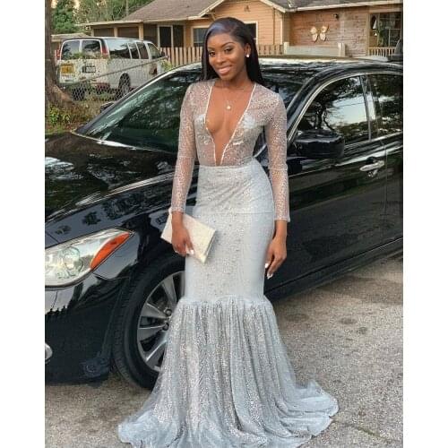 Beautifulinwhite Sexy Silver Prom Dresses Plunging V Neck See Through Glitter Fabric Formal Dresses African Prom Gowns DP0449