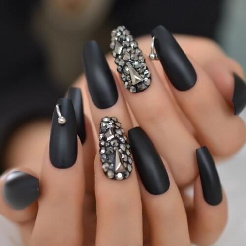 Matte Black 3D Rhinestone Acrylic Nail Tips Coffin Luxurious Press On Finger Nails Ballerina Nail Tips 24CT
