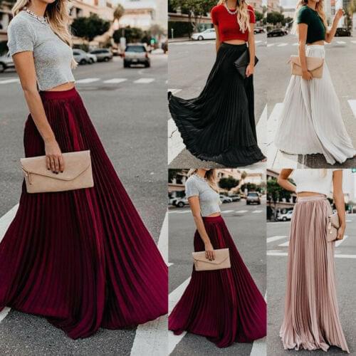 Fashion Women High Waist Chiffon Skater Flared Pleated Solid Spring Vintage Swing Long Skirt Ladies Elastic Waist Boho