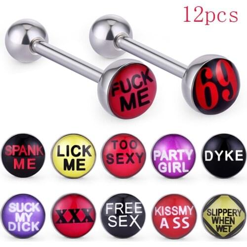 12Pcs Fashion Nightclub Sexy Tongue Piercing Stainless Steel Tongue Rings Barbells Punk Words Body Jewellry Women Girls Party