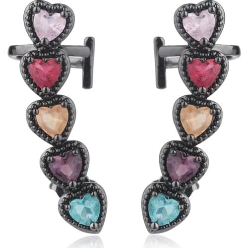 OMYFUN Heart Earrings Self-piercing Ear-cuff Long Earring Rainbow Color Crystal Earrings Brazil Top Sale CZ Jewelry Design E105