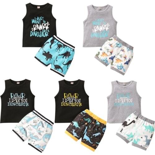 0-3Y Toddler Baby Boy Clothing Letter Print Sleeveless Vest Top+Cartoon Dinosaur Print Shorts Kids Outfits Set Summer 2pcs