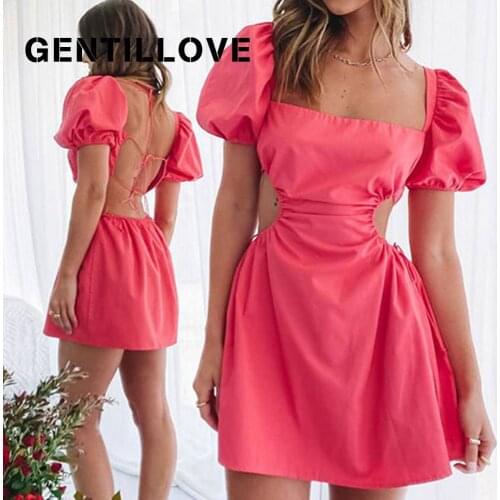 Gentillove Sexy Women Short Sleeve V Neck Backless A Line Dress Elegant Hollow Out Lace Up Sundress Casual Beach Party Holiday