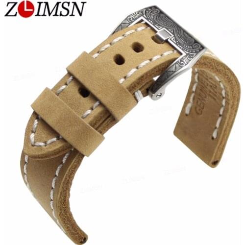 ZLIMSN Handmade Wheat Cowhide Leather Watch Band Strap for Panerai Watch 20 22 26mm 316L Stainless Steel Carved Buckle