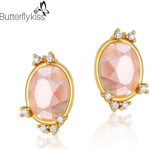 BK Luxury Pink Crystal Earrings For Women 100% 925 Sterling Silver Geometry Zircon Ear Stud Classic Jewelry Wedding Engagement