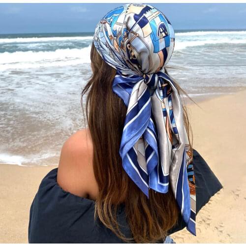 Silk Head Scarf Headwraps For Women Vintage Paisley Print Four Seasons Hair Scarf 90*90cm Hijab Foulard Iuxe Bandana Femme