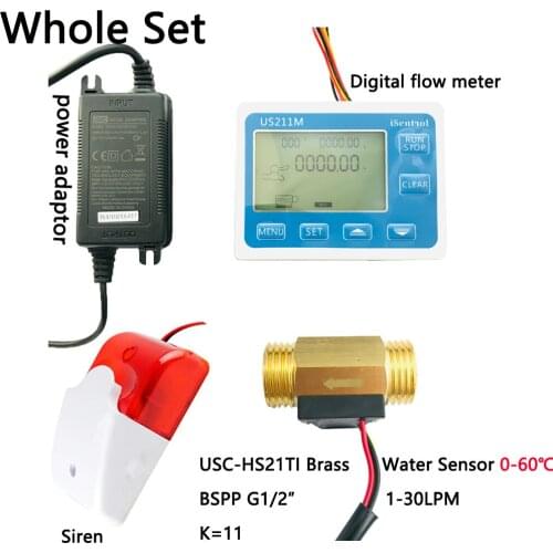 US211MA Pipe Water Suspend Alarming System & USC-HS21TI Brass BSPP G1/2" Flow Sensor Turbine Flowmeter iSentrol with Siren iSent