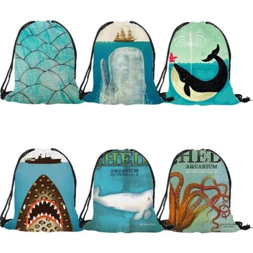 Clean ocean style Drawstring Polyester bags Underwater landscape marine animal whale students Shoulder Bags Outdoor Rucksack
