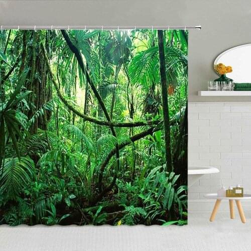 Tropical Rainforest Scenery Shower Curtain Vines Green Leaves Bathroom Decor Accessories Waterproof Fabric Hooks Curtains Set