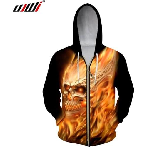 UJWI 3D Zipper Hoodies Men Flame Skull Printed Sweatshirt Hoody Male Hooded Zip Outwear Sweats Oversize Hooded Jacket Blouses