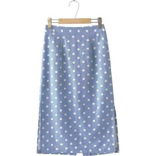 PERHAPS U Blue Polka Dot Split Knee Length Straight Skirt Empire High Street Summer S0083