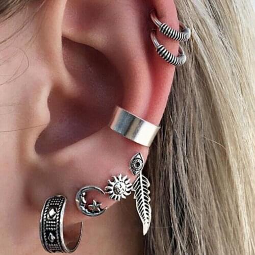 Womens Fashion Bohemian Retro Leaf And Sun Moon Huggies Earrings Clip Set Seven Pieces Of Stud Earrings Charm Ear Jewelty Set