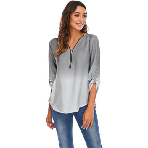 2021 Autumn Summer Casual Blouse Women Top And Blouse Women Shirt Long Sleeve Grey Solid V-Neck Chiffon Shirt