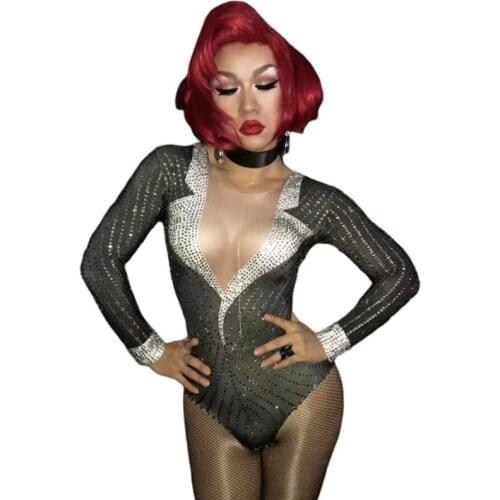 Women New Black Sexy Shining Rhinestones Bodysuit High Elasticity Leotard Bright Crystals Jumpsuit Singer Nightclub DJ Costumes