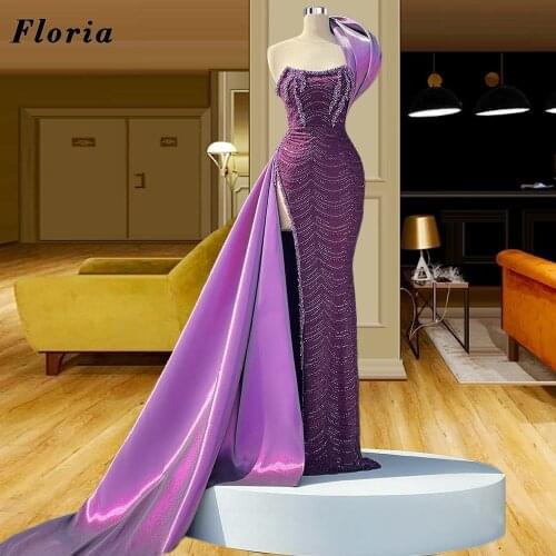 Beading One Shoulder Formal Party Gowns 2021 Dubai Design Long Split Evening Dresses Robe De Soiree Couture Mermaid Prom Dress