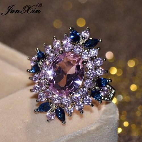 JUNXIN Cute Blue Pink Flower Ring White Gold Color Finger Ring Vintage Wedding Rings For Women Fashion Jewelry