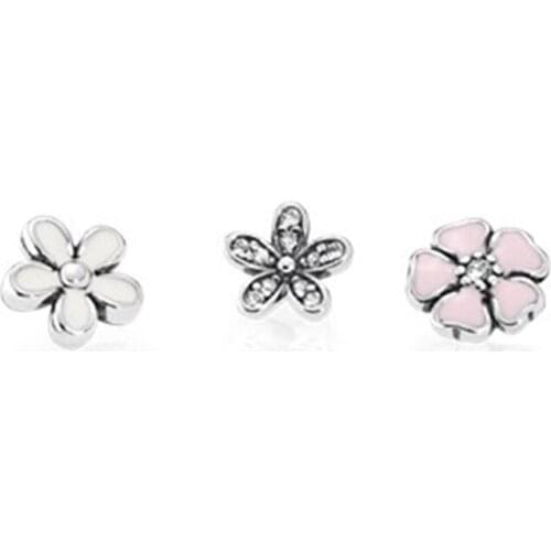 2019 100% S925 Sterling Silver 1: 1 Floating Box Small Decoration White Daisy and Pink Cherry Blossom Charm Vintage Jewelry