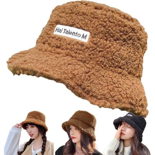 2021 Hats for Women Autumn Winter Bucket Hats Lamb Plush Soft Warm Fisherman Hat Panama Casual Warm Caps Lady Flat Korean Style