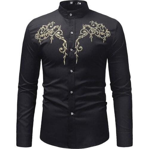 Large Size Long Sleeve Leisure Embroidered Standing Collar Shirt, Shirts for Men , Men Shirts , Men Clothing