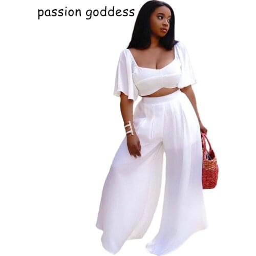 Summer Large Size 3XL 4XL 5XL Women Sexy Chiffon Two Piece Set Bandage Backless Crop Top Pleated Long Wide Leg Pants 2 Outfits