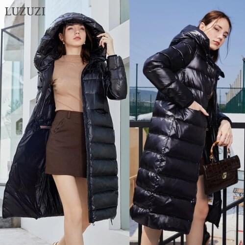 LUZUZI womens winter down jacket black shiny thick warm white duck down coat female parka winter long down jacket snowwear