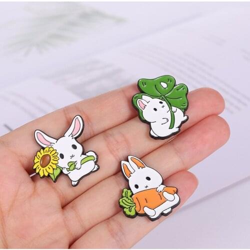 Cute Cartoon Rabbit Enamel Brooches Fun Bunny With Leaf Sunflower Carrot Daisy Floral Lapel Badges Pins Jewelry Gift For Girls